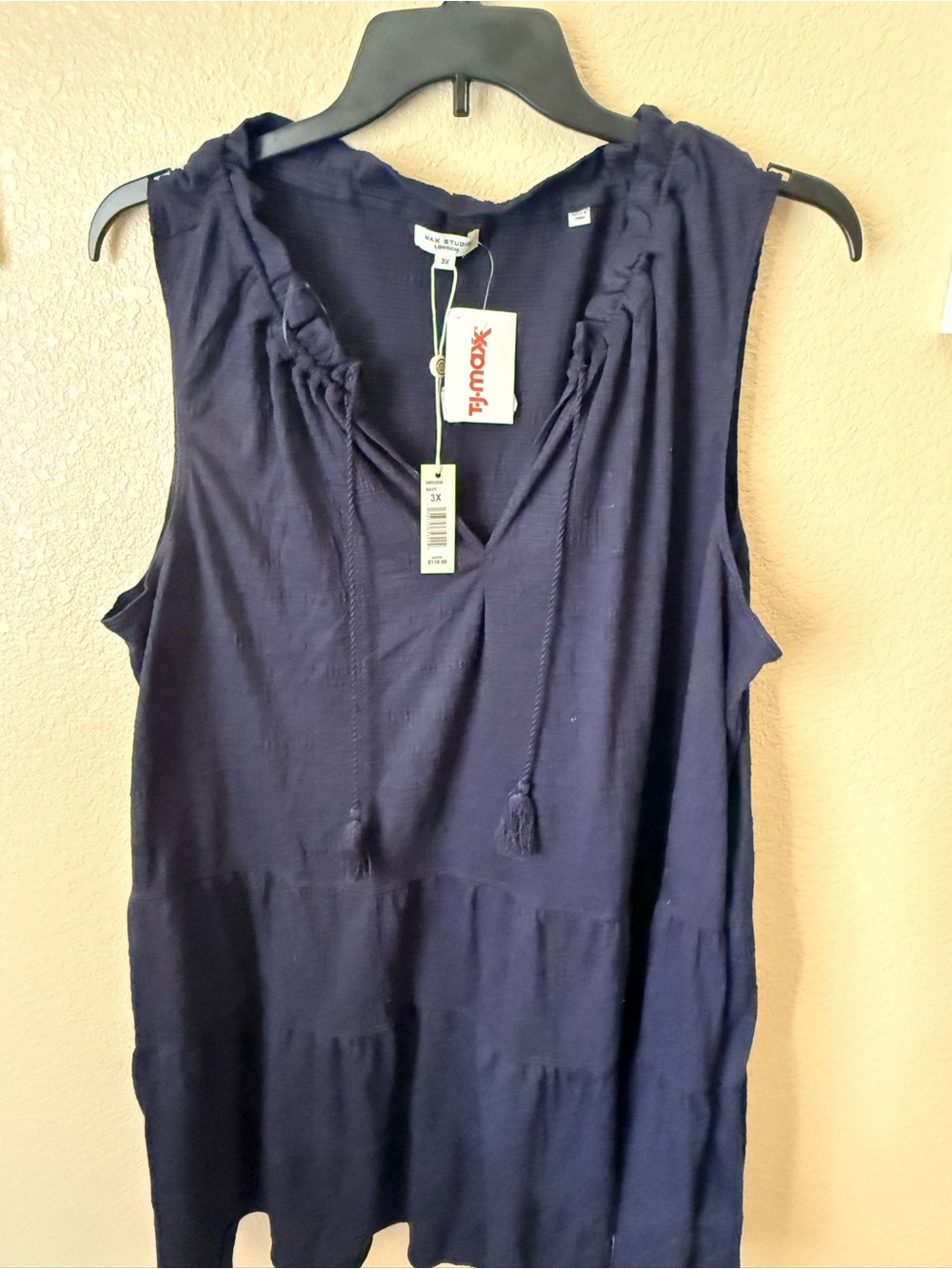 Max Studio Navy Sleeveless Tiered Hooded Tank with Tassel Drawstrings